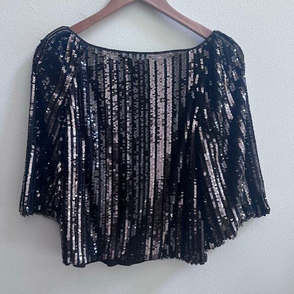 BCBG Max Azria Mesh Sequin Black Crop Top Blouse Women's Size M - Picture 3 of 8